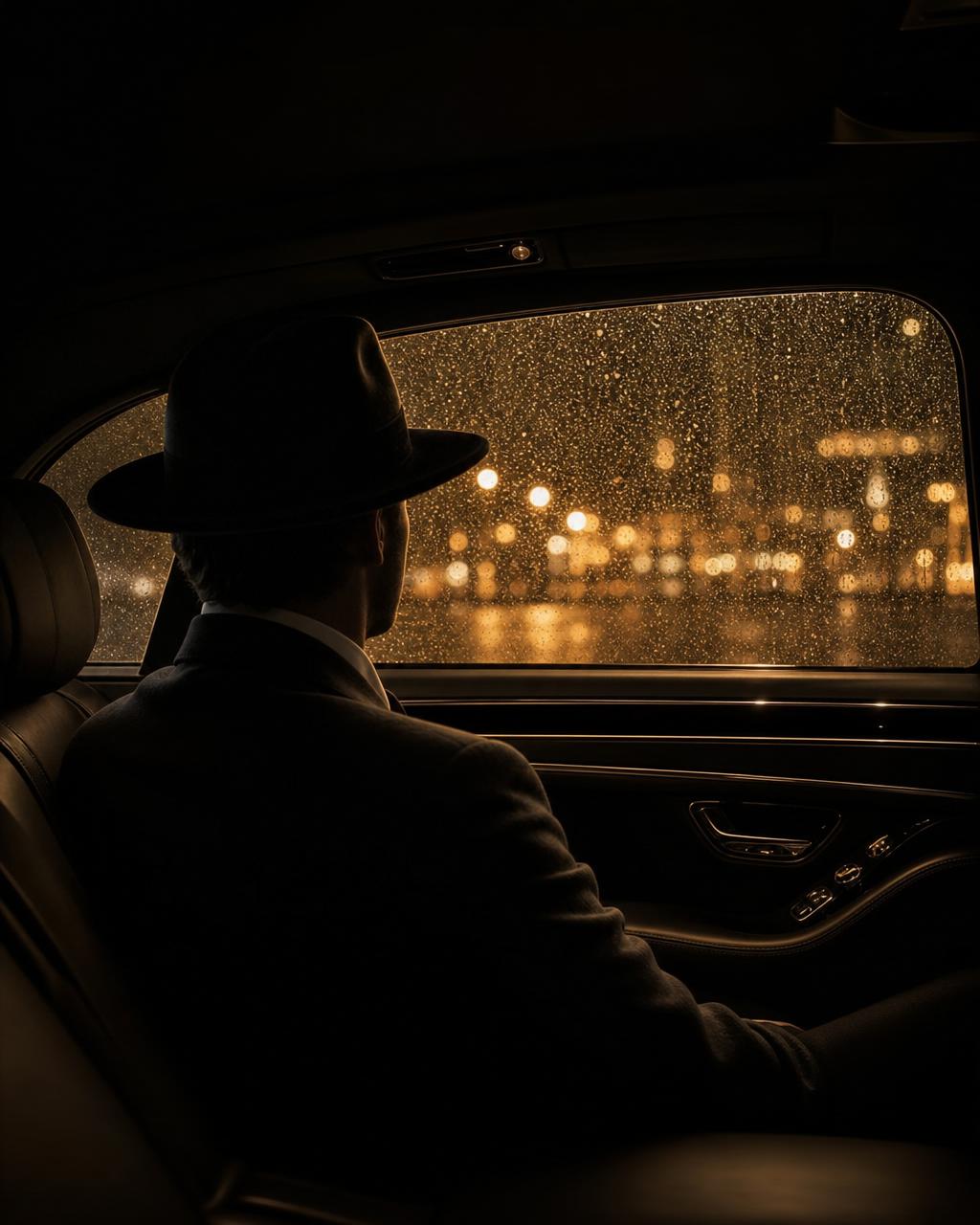 Silhouette d'un homme au chapeau dans une berline de luxe, contemplant les lumières de la ville